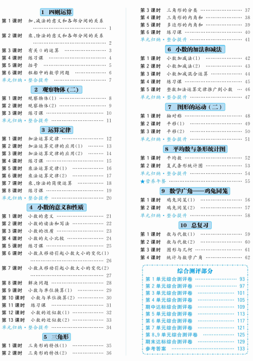 人教版四年级数学下册一线名师天天练习题下载含例题通关+综合测评卷